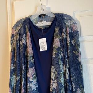 MARINA Navy Blue Floral Pantsuit with Metallic Sheen